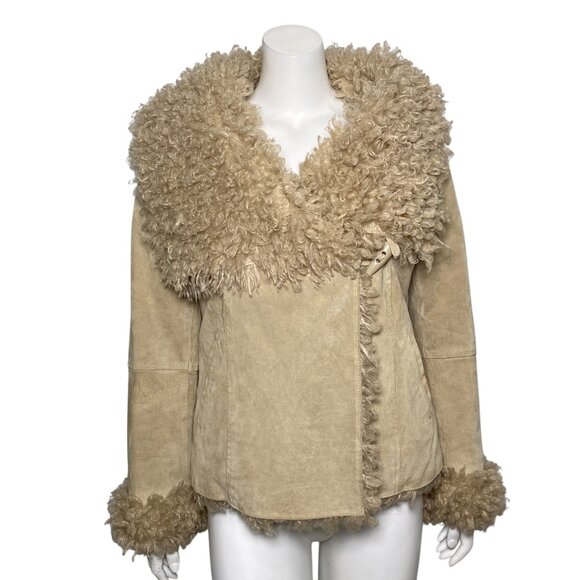 Moda International Leather Coat Jacket Womens S Penny Lane Faux Fur Trim - Picture 1 of 9